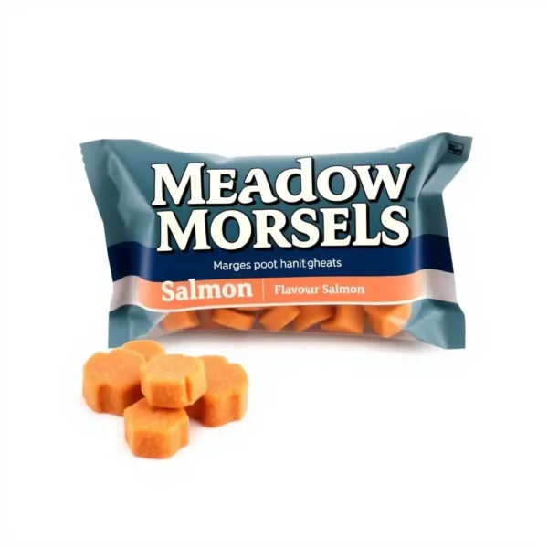Meadow Morsels Dog Salmon Dog Training Treat 100g, professional studio product photo on a white background.