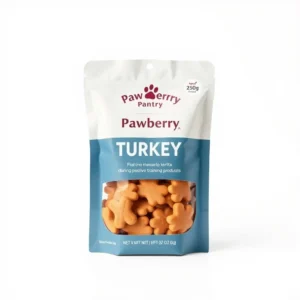 Pawberry Pantry Dog Turkey Dog Training Treat 250g, professional studio product photo on a white background.