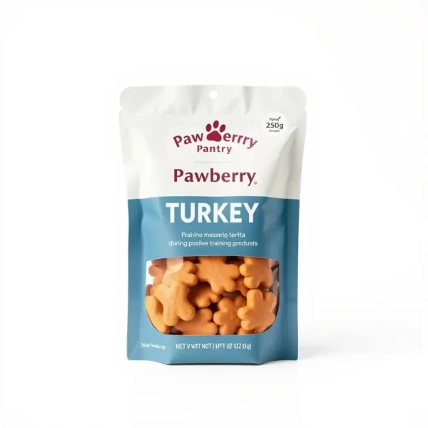 Pawberry Pantry Dog Turkey Dog Training Treat 250g, professional studio product photo on a white background.