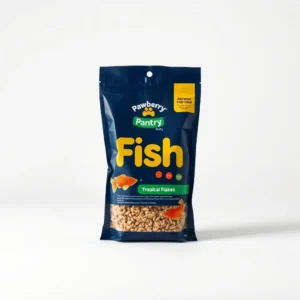 Pawberry Pantry Fish Tropical Flakes Fish Food 50g, professional studio product photo on a white background.