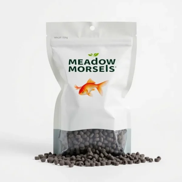 Meadow Morsels Fish Goldfish Pellets Fish Food 100g, professional studio product photo on a white background.