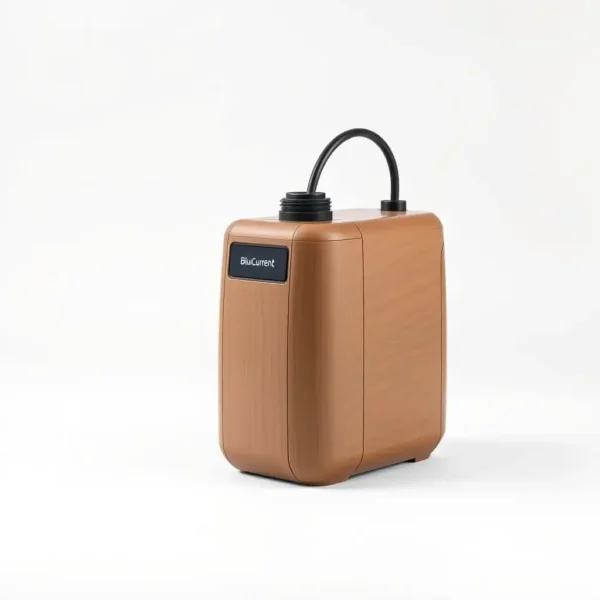 BlueCurrent Low-Noise Aquarium Air Pump Up to 100L, professional studio product photo on a white background.