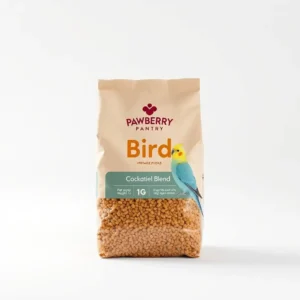 Pawberry Pantry Bird Cockatiel Blend Bird Food 1kg, professional studio product photo on a white background.