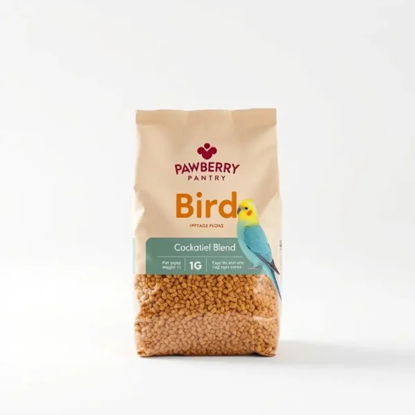 Pawberry Pantry Bird Cockatiel Blend Bird Food 1kg, professional studio product photo on a white background.