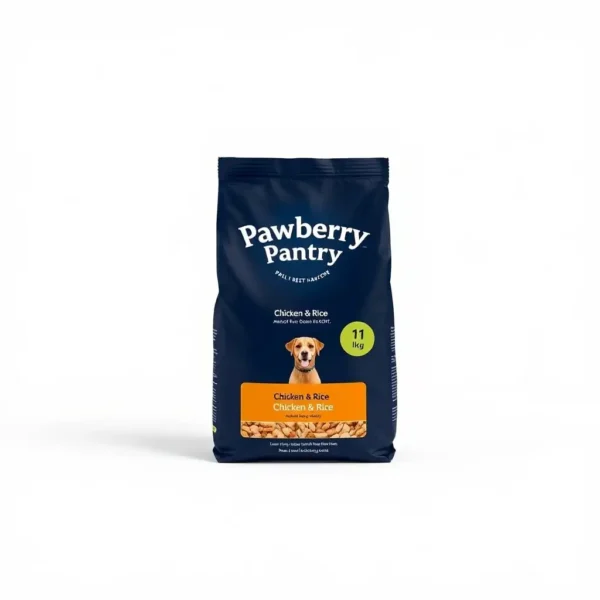 Pawberry Pantry Dog Chicken & Rice Adult Dry Food 1kg, professional studio product photo on a white background.