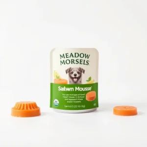 Meadow Morsels Dog Salmon Mousse Senior Wet Food 80g, professional studio product photo on a white background.