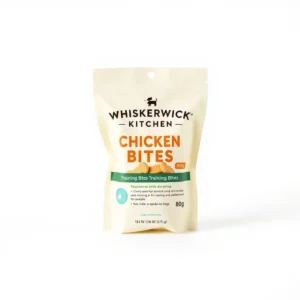 Whiskerwick Kitchen Dog Chicken Bites Training Treats 80g, professional studio product photo on a white background.