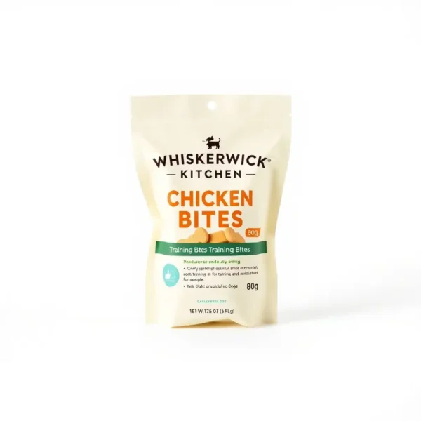 Whiskerwick Kitchen Dog Chicken Bites Training Treats 80g, professional studio product photo on a white background.