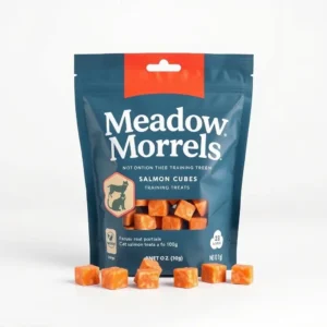 Meadow Morsels Cat Salmon Cubes Training Treats 100g, professional studio product photo on a white background.