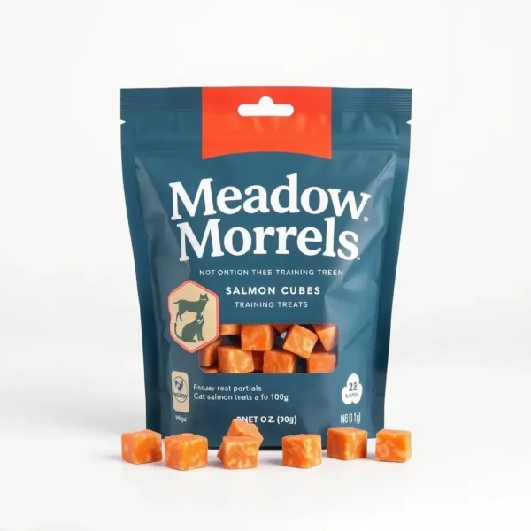 Meadow Morsels Cat Salmon Cubes Training Treats 100g, professional studio product photo on a white background.