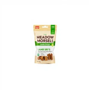 Meadow Morsels Dog Lamb Strips Training Treats 150g, professional studio product photo on a white background.