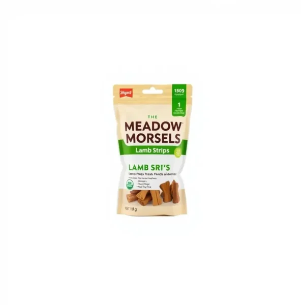 Meadow Morsels Dog Lamb Strips Training Treats 150g, professional studio product photo on a white background.
