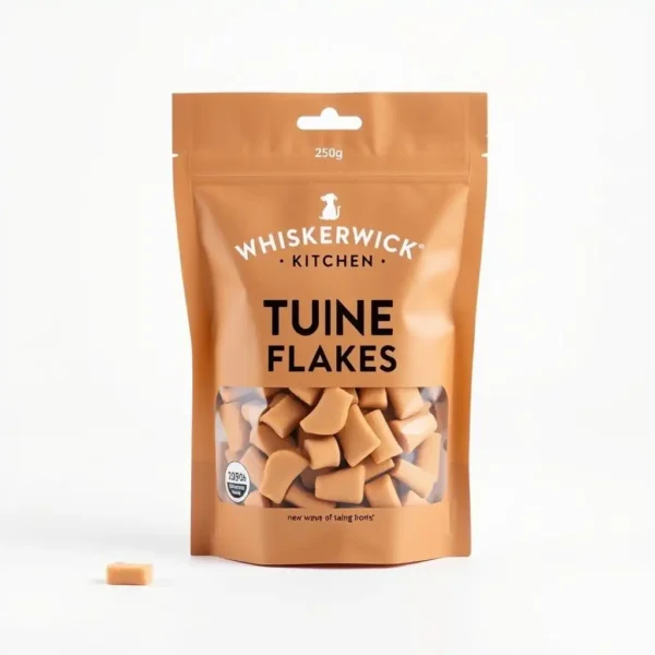Whiskerwick Kitchen Dog Tuna Flakes Training Treats 250g, professional studio product photo on a white background.