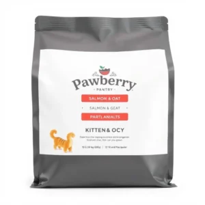 Pawberry Pantry Kitten Salmon & Oat Starter Food 1kg, professional studio product photo on a white background.