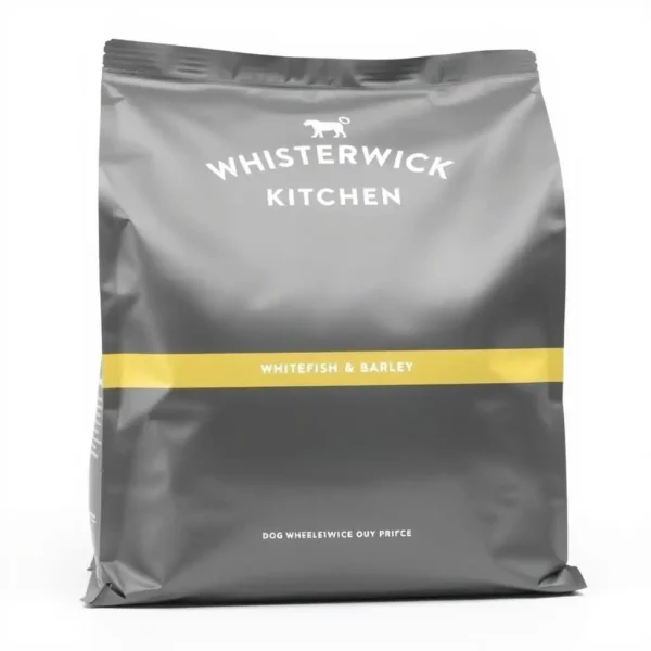 Whiskerwick Kitchen Dog Whitefish & Barley Adult Dry Food 8kg, professional studio product photo on a white background.