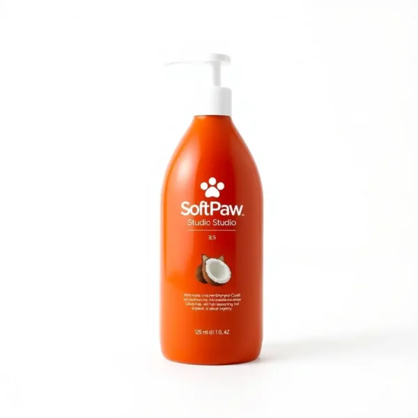 SoftPaw Studio Long Coat Pet Shampoo Coconut, professional studio product photo on a white background.