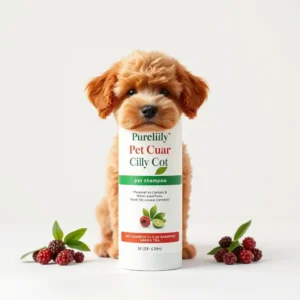 Purelily Pet Care Curly Coat Pet Shampoo Green Tea, professional studio product photo on a white background.