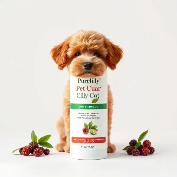 Purelily Pet Care Curly Coat Pet Shampoo Green Tea, professional studio product photo on a white background.