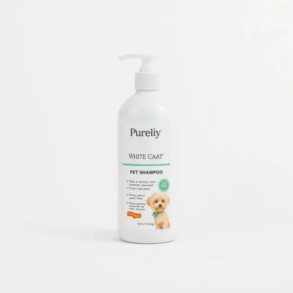 Purelily Pet Care White Coat Pet Shampoo Fresh Linen, professional studio product photo on a white background.