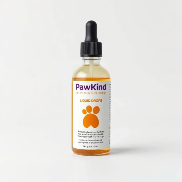 PawKind Liquid Drops Pet Vitamin Supplement 100ml, professional studio product photo on a white background.