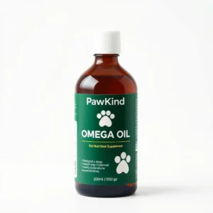 PawKind Omega Oil Pet Nutritional Supplement 200ml, professional studio product photo on a white background.
