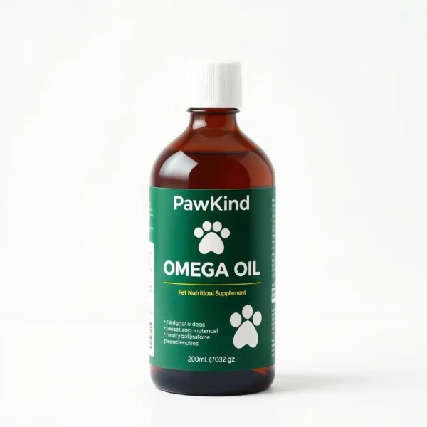 PawKind Omega Oil Pet Nutritional Supplement 200ml, professional studio product photo on a white background.
