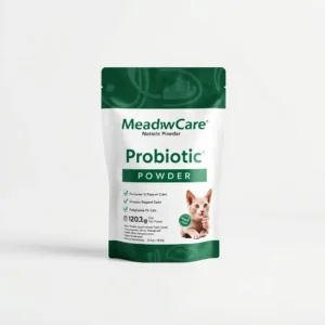 MeadowCare Probiotic Powder Pet Nutritional Supplement 120g, professional studio product photo on a white background.