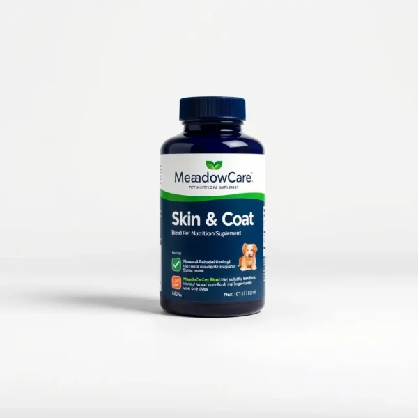 MeadowCare Skin & Coat Blend Pet Nutritional Supplement 250ml, professional studio product photo on a white background.