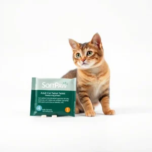 SoftPaw Studio Adult Cat Tablet Pet Deworming Product 4 tablets, professional studio product photo on a white background.