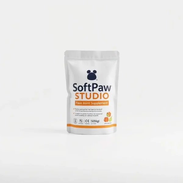 SoftPaw Studio Powder Pet Joint Supplement 200g, professional studio product photo on a white background.