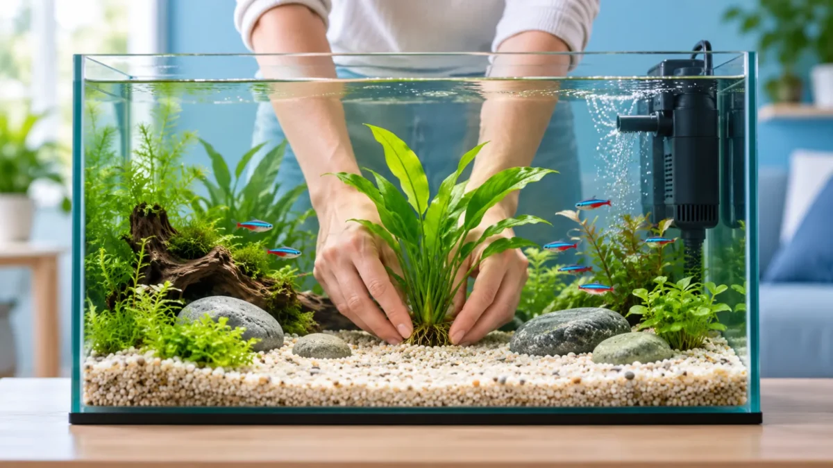 Hands placing a live plant into a newly set-up aquarium with gravel, stones, a filter and neon tetras.