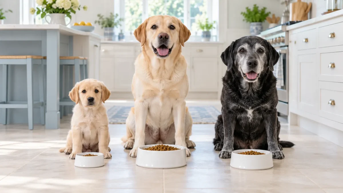 A puppy, an adult Labrador and a senior dog with a grey muzzle sitting in a row behind bowls of kibble in different sizes.