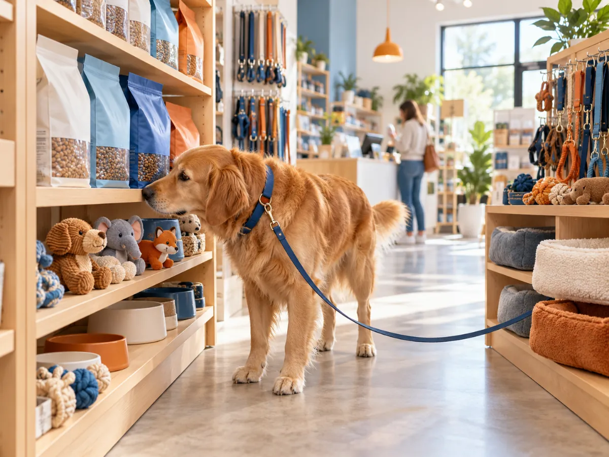 A golden retriever on a blue lead sniffing the shelves of a bright pet supply store, with food bags, toys and beds on display.