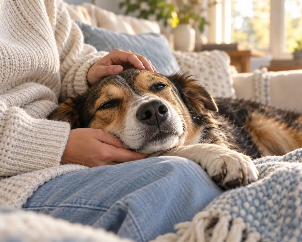 A relaxed dog resting its head on its owner's lap while being gently stroked on a sofa.