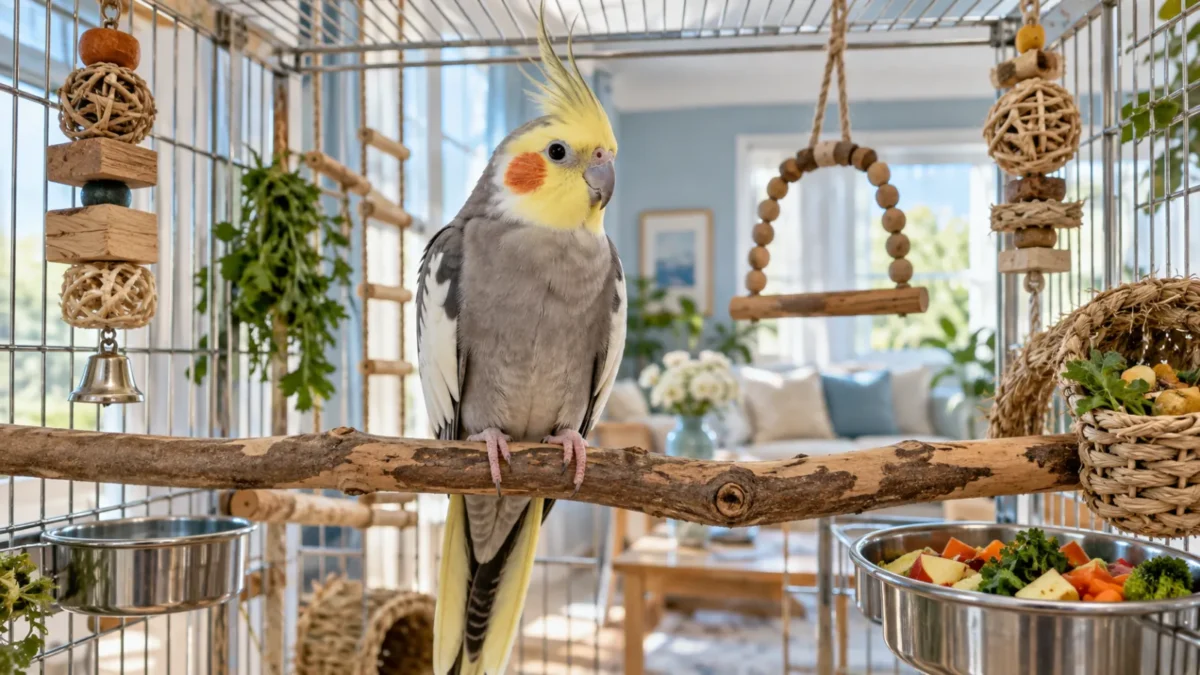 A cockatiel on a natural wooden perch inside a spacious cage with foraging toys, a swing and a dish of fresh fruit and vegetables.