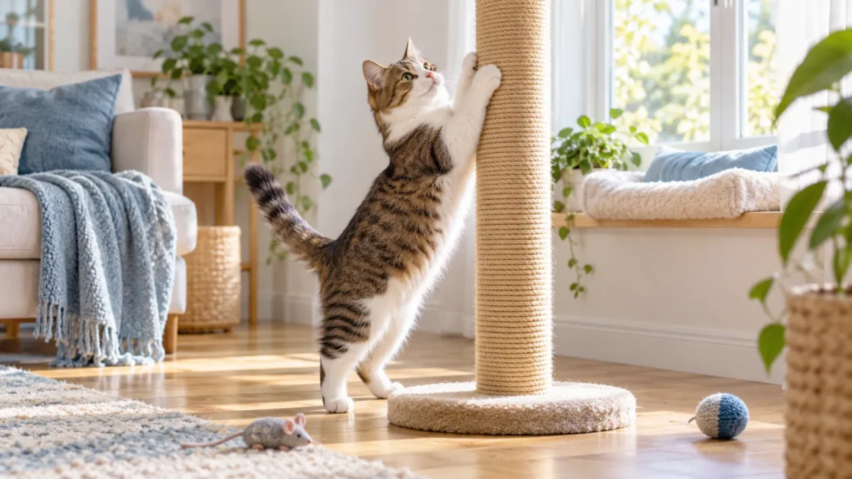 A tabby-and-white cat stretching up a tall sisal scratching post in a sunny living room, with a window perch and toys nearby.