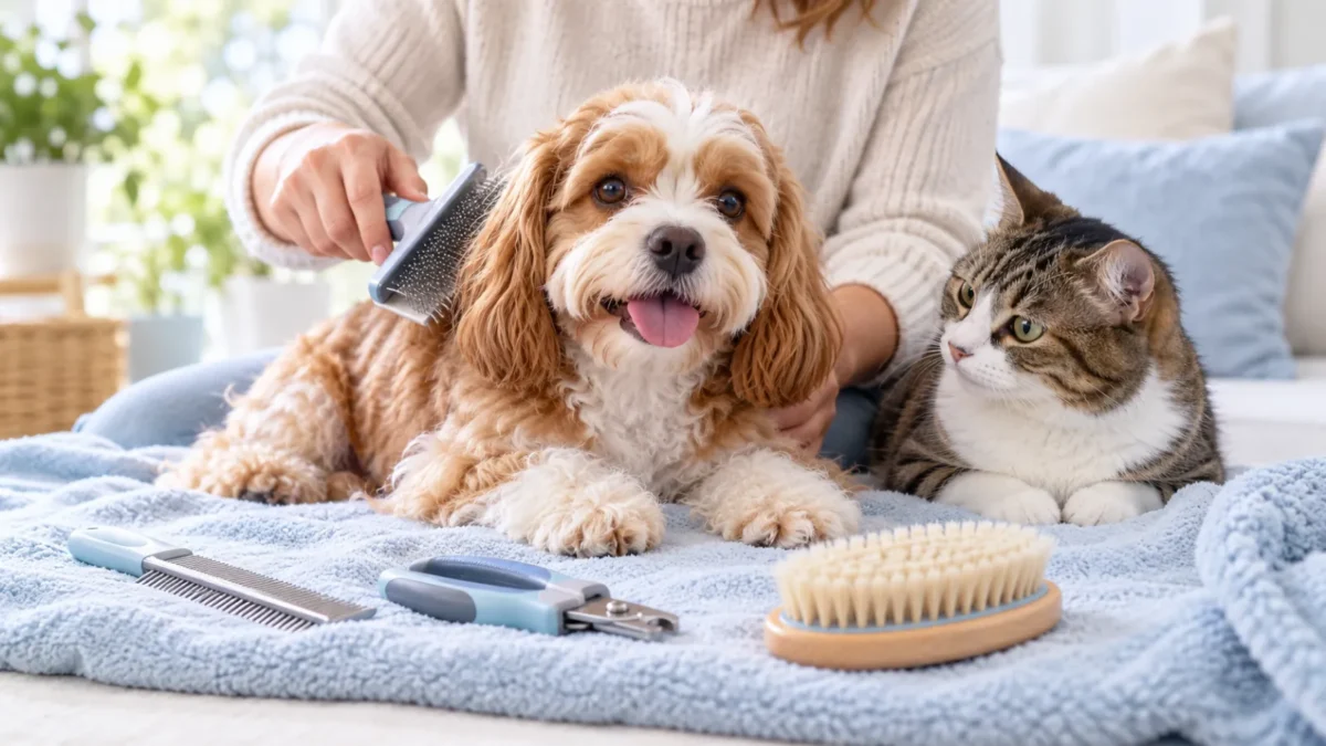 A fluffy dog being brushed with a slicker brush on a blue towel while a tabby cat looks on, with a comb, nail clippers and a bristle brush laid out.