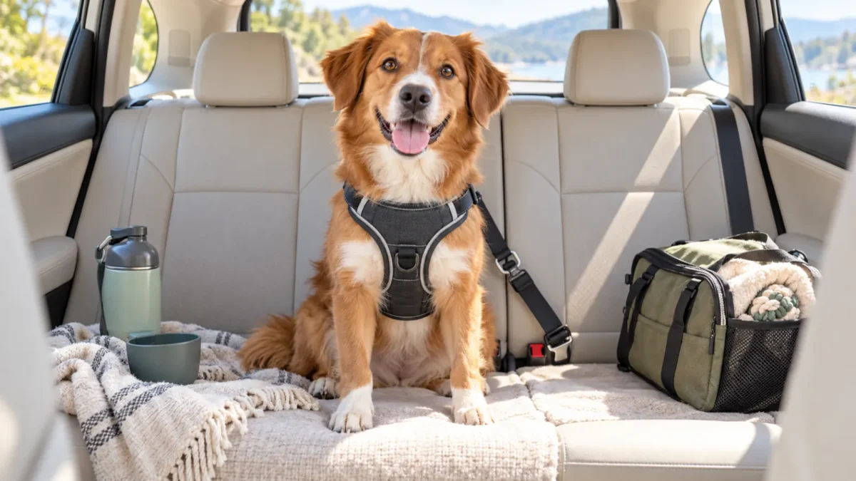 A happy dog on the back seat of a car in a harness clipped to the seat belt, with a water bottle, a bowl and a packed travel bag.