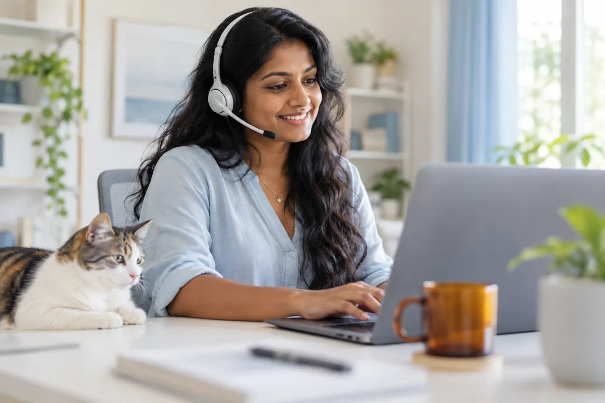 A smiling support agent in a headset typing on a laptop, with a cat resting on the desk beside the laptop.