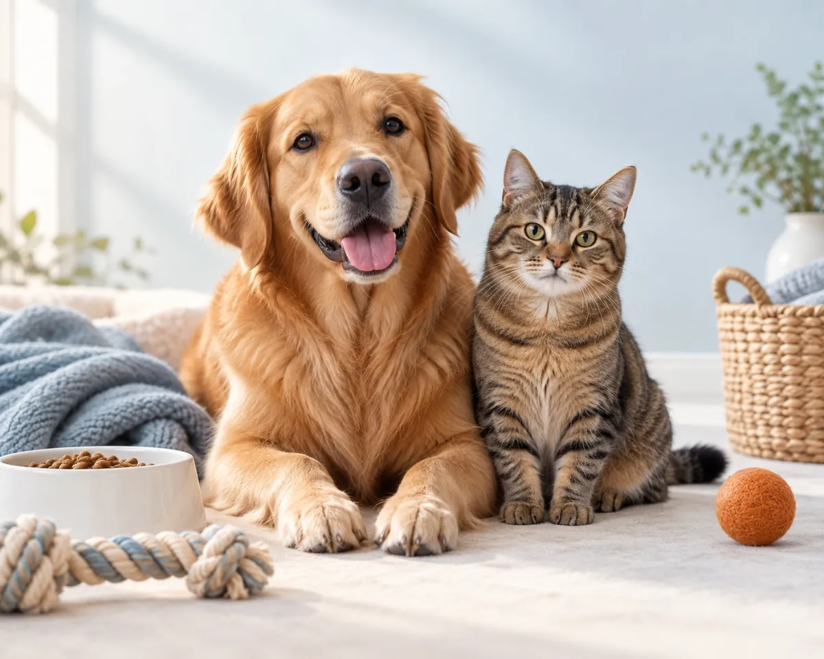 A happy golden retriever and a tabby cat sitting side by side on a soft rug, with a bowl of kibble, a rope toy and a ball nearby.